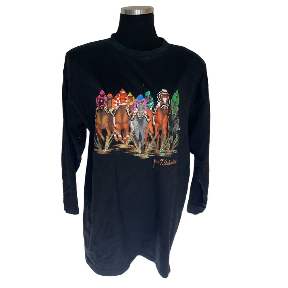 Vtg 90s Kentucky Derby T‎ Shirt M/ L Joan Studwell Black Hand Painted Glitter